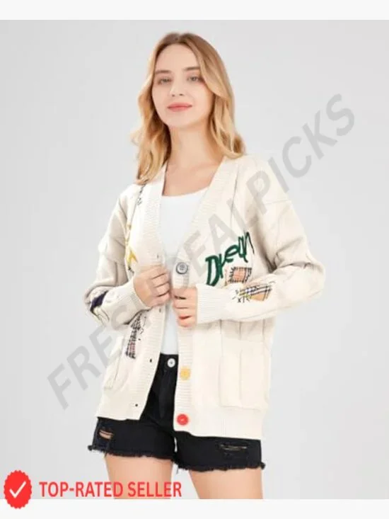 Chunky Cable Knit Cardigan Oversized V-Neck Open Front Embroidery Wool Blend - Picture 4 of 7